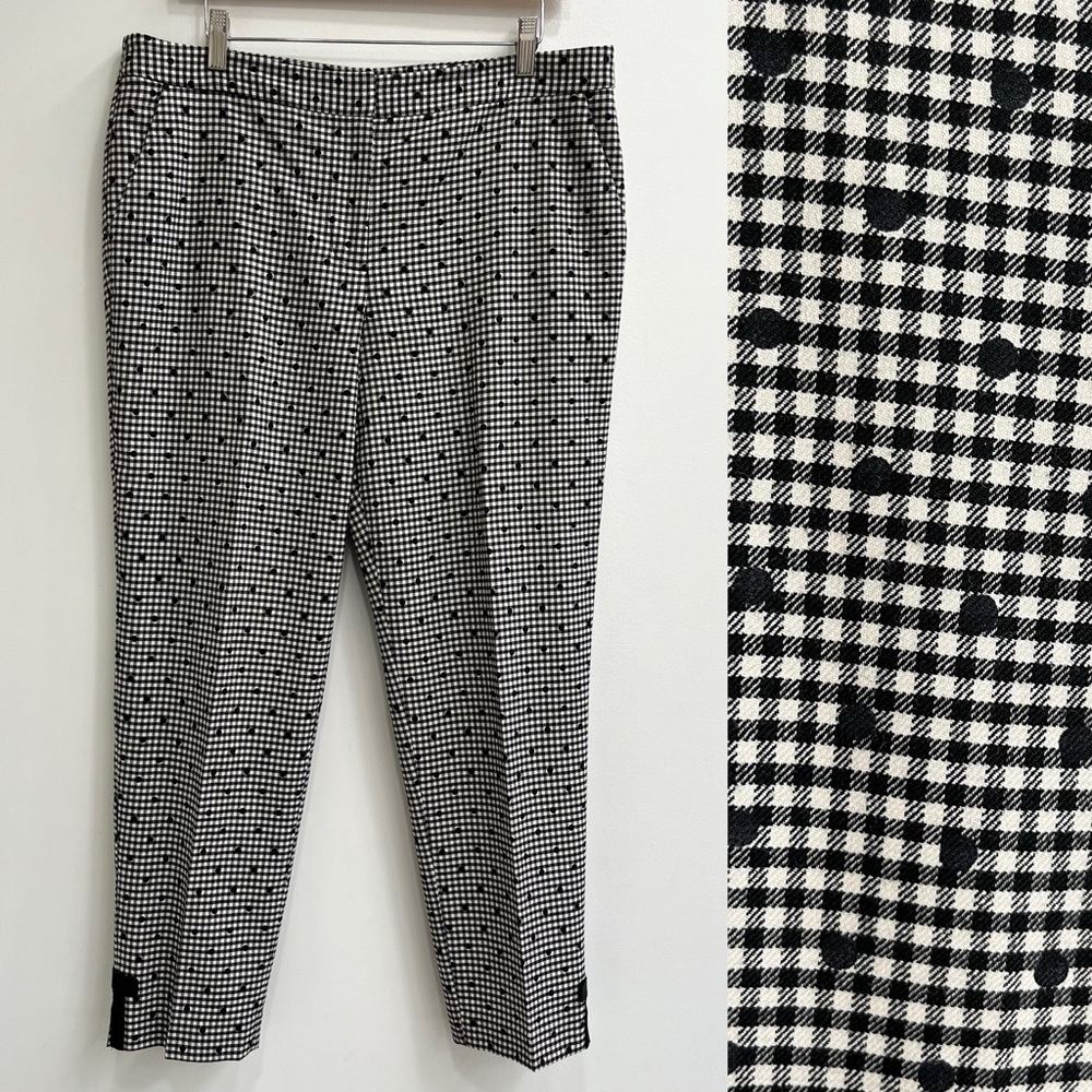 TALBOTS GINGHAM POLKA-DOT ANKLE PANT BLACK WHITE DECORATIVE BOW ANKLES WOOL 12